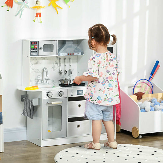 AIYAPLAY Toy Kitchen with Lights Sounds Apron Chef Hat Ice Maker Microwave for 3-6 Years Old White - ALL4U RETAILER LTD