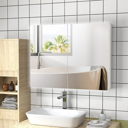 kleankin Bathroom Mirror Cabinet with Light, Bathroom Storage Cupboard with Adjustable Shelf, USB Charge, 90x15x70cm, White