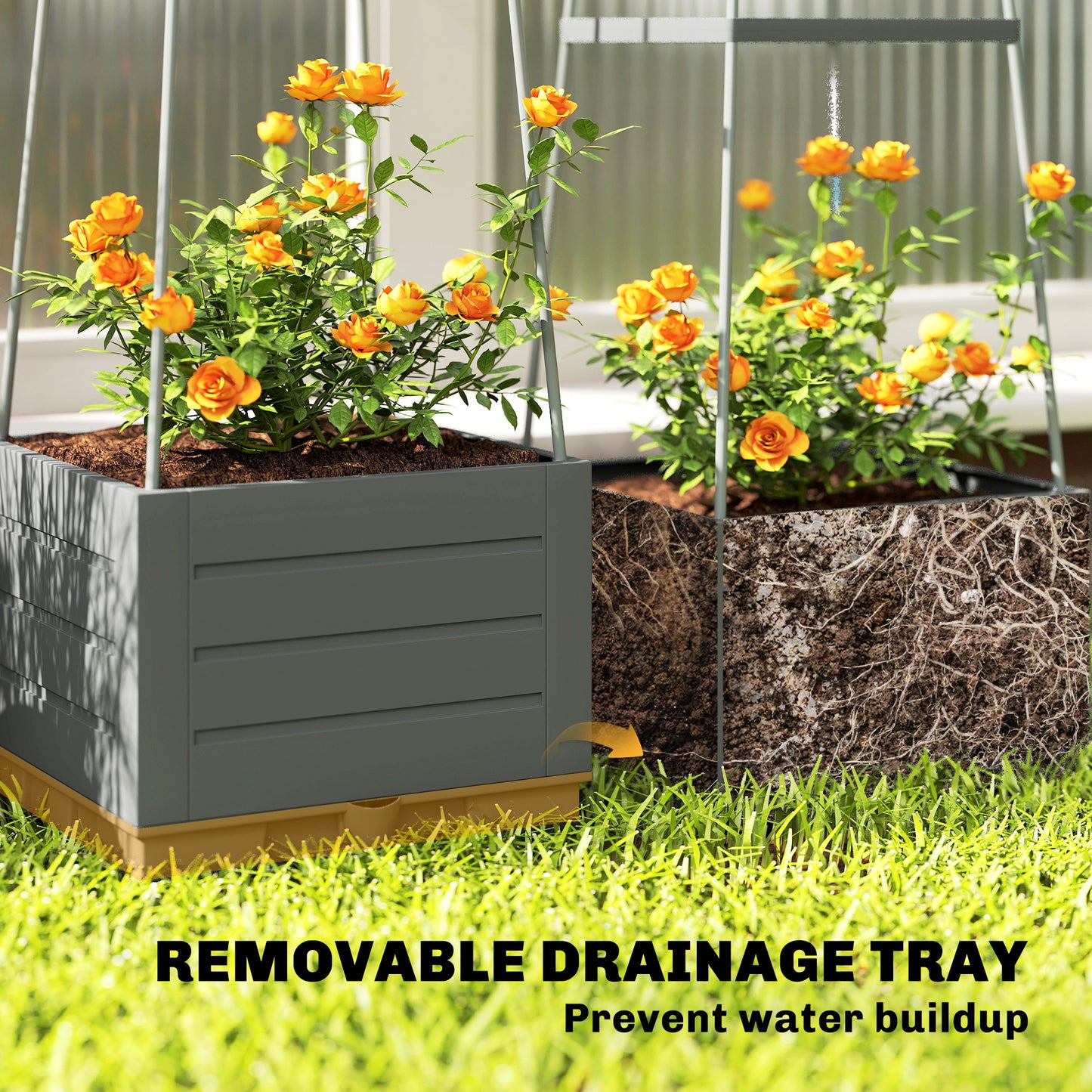 Outsunny Two Pack Raised Garden Bed With Trellis Plastic Outdoor Planter Box Removable Drainage Tray