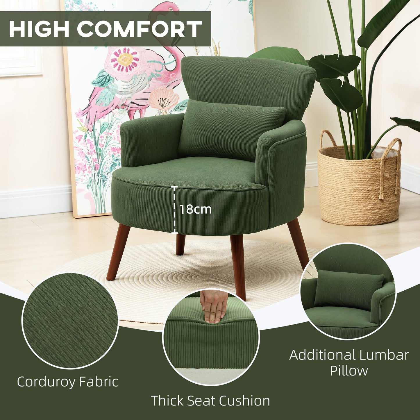 HOMCOM Corduroy Retro Wingback Accent Chair Green With High Density Foam And S Springs For Small Spaces