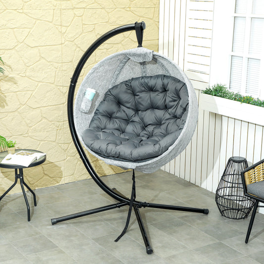 Outsunny Hanging Egg Chair for Patio Outdoor Indoor Garden Swing with Folding Basket Thick Cushion Cup Holder Grey