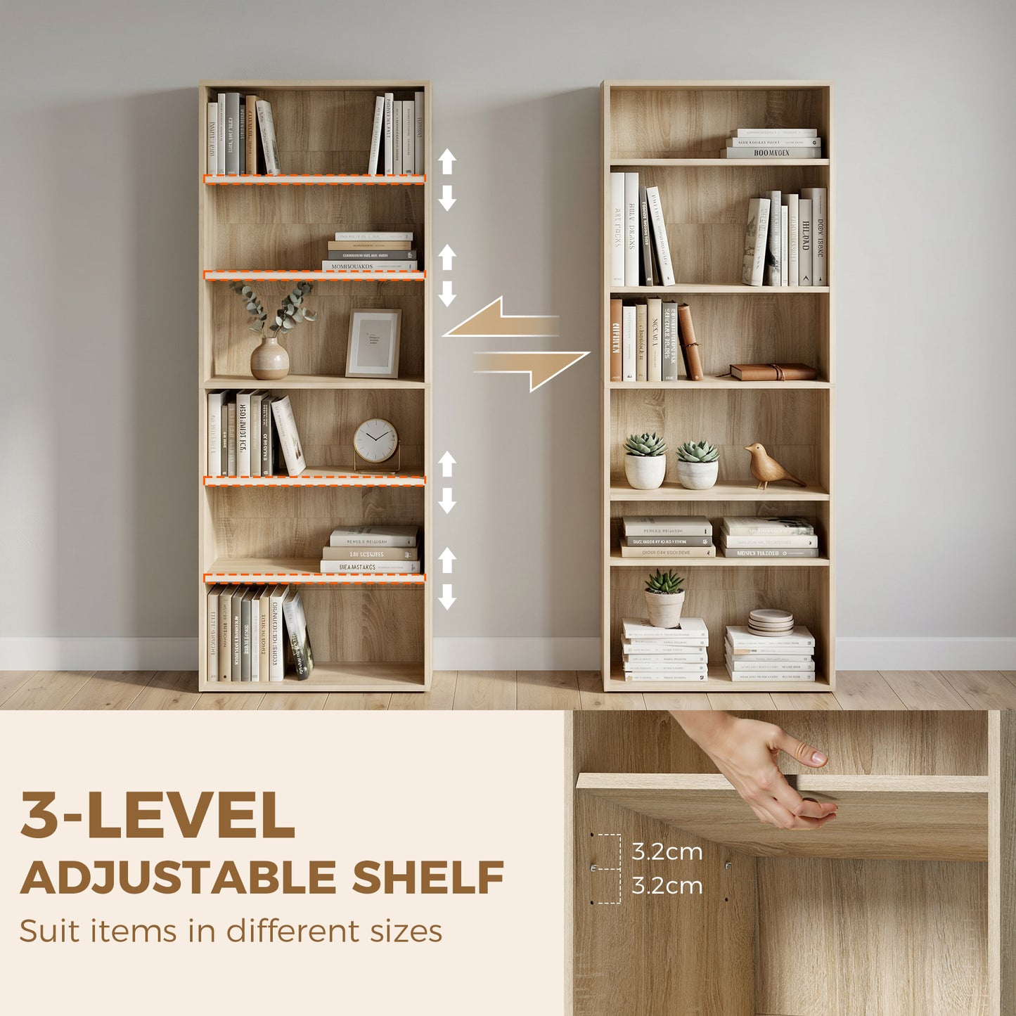 HOMCOM Freestanding 6 Tier Bookshelf With Adjustable Shelves Oak Finish For Living Room And Study