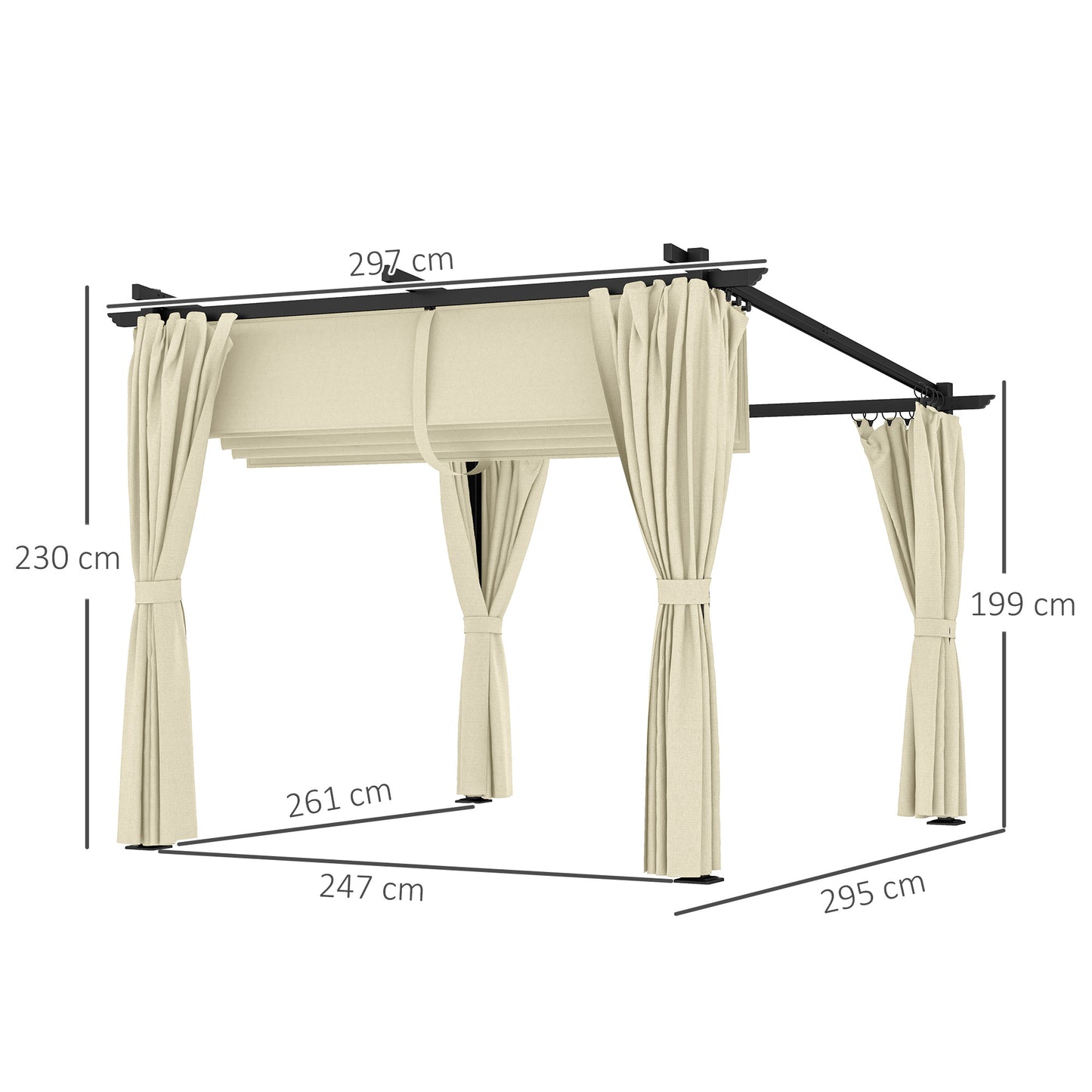 Outsunny 3 x 3 m Retractable Roof Pergola With Curtains Beige Outdoor Garden Patio Shade