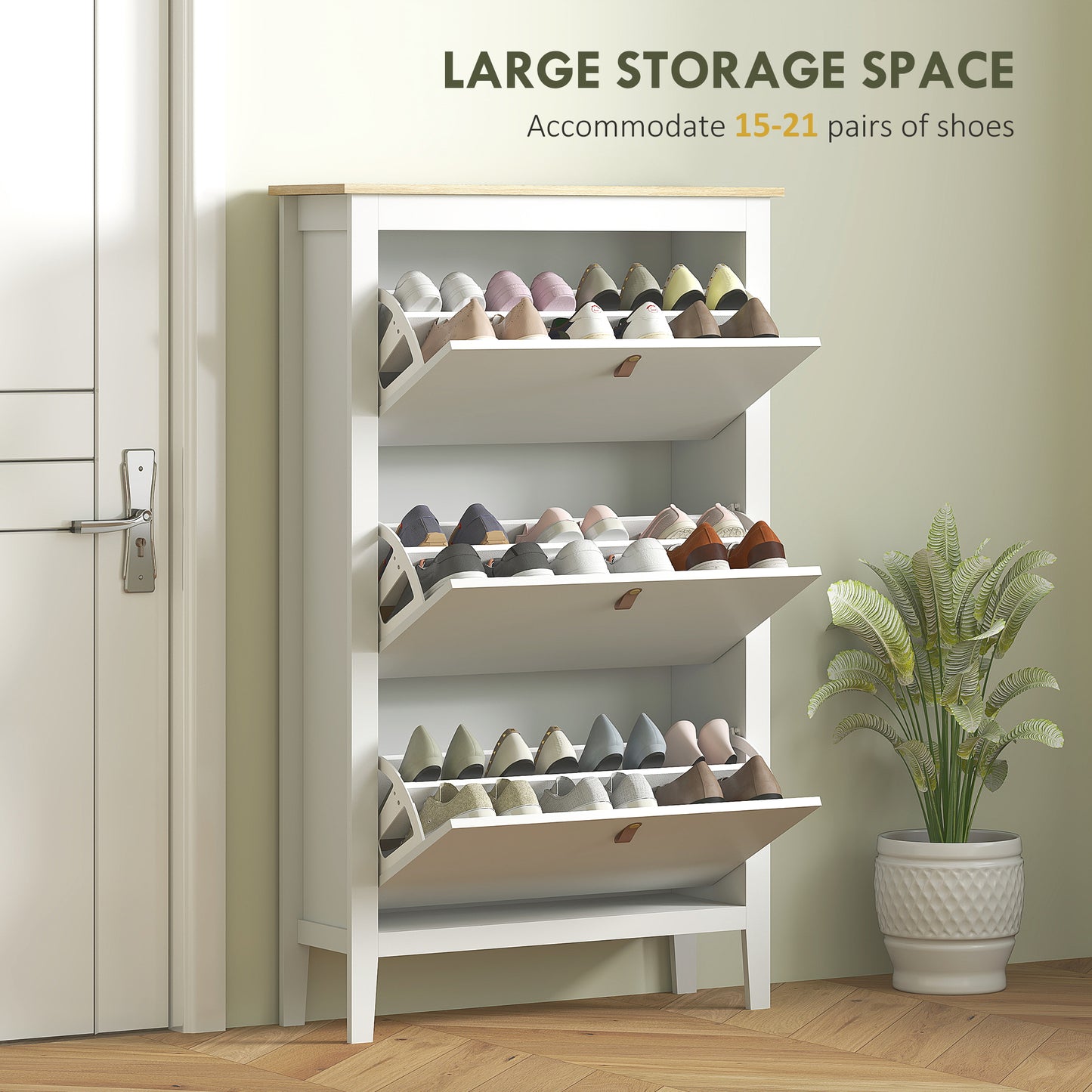 HOMCOM Modern Three Drawer White Shoe Cabinet Slim Storage Unit Holds Up To Twenty One Pairs Of Shoes