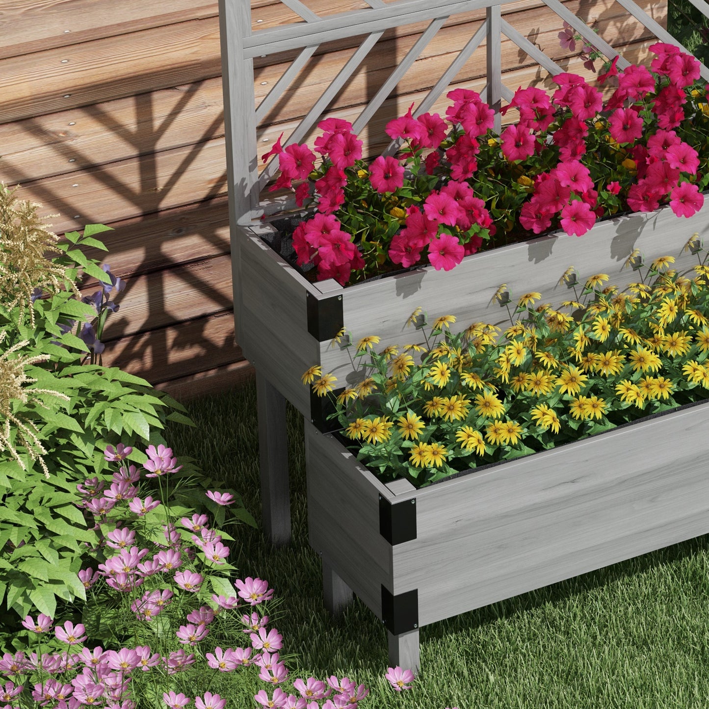 Outsunny Raised Garden Bed With Trellis Two-Tier Wooden Elevated Planter Box For Vegetables Flowers Herbs Grey
