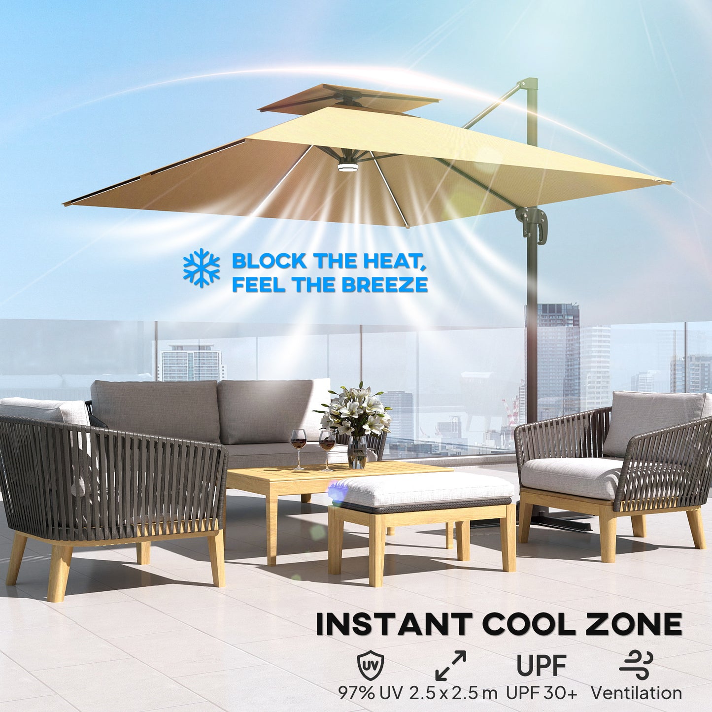 Outsunny 2.5m Cantilever Parasol With Solar Powered LED Lights 360 Degree Rotation Tilt Adjustment Crank Khaki