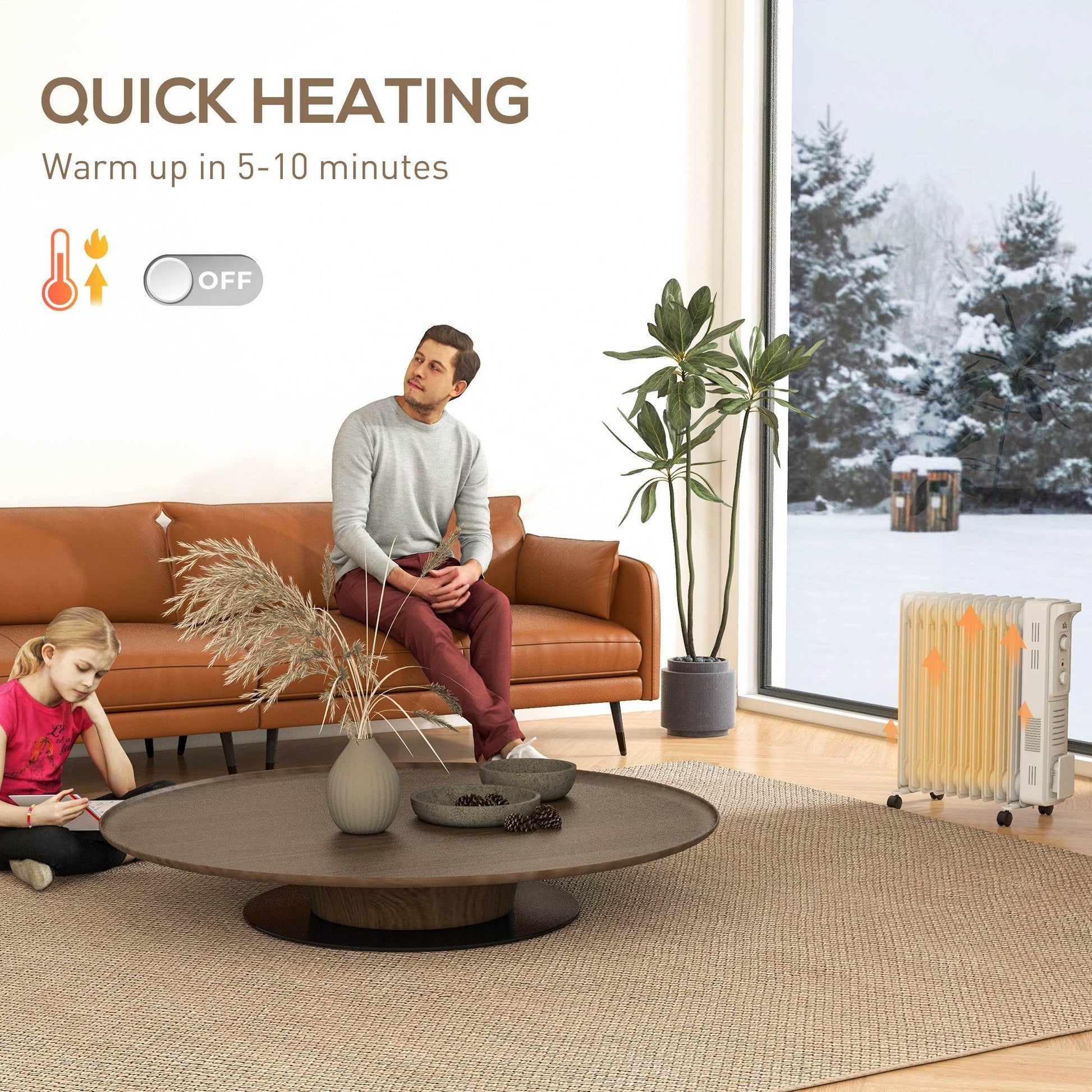 HOMCOM 2.5kW 11-Fin Oil Heater with Adjustable Thermostat - White - ALL4U RETAILER LTD