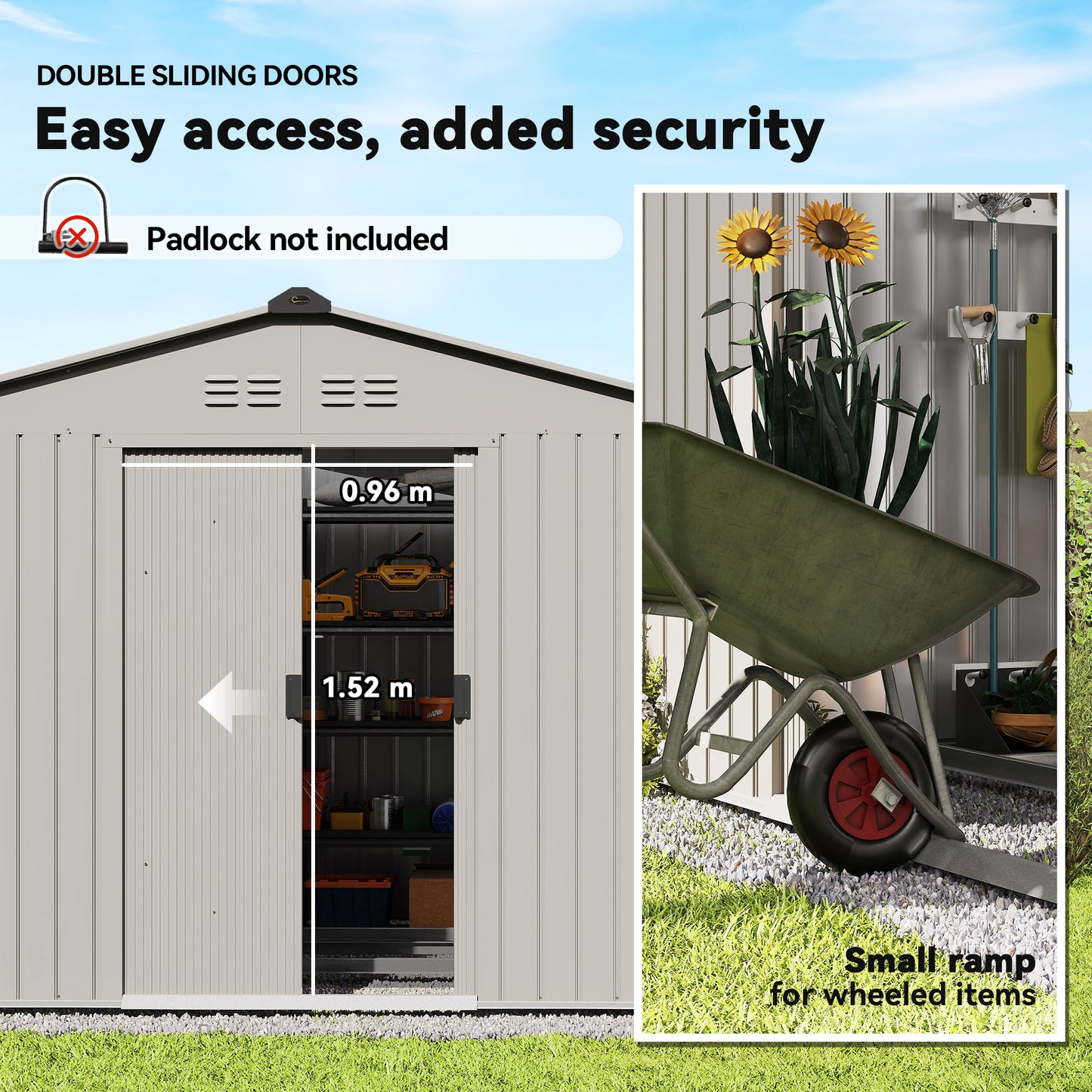 Outsunny Metal Garden Storage Shed With Foundation Kit 9 x 6 Ft Grey Lockable Double Doors And Ventilation
