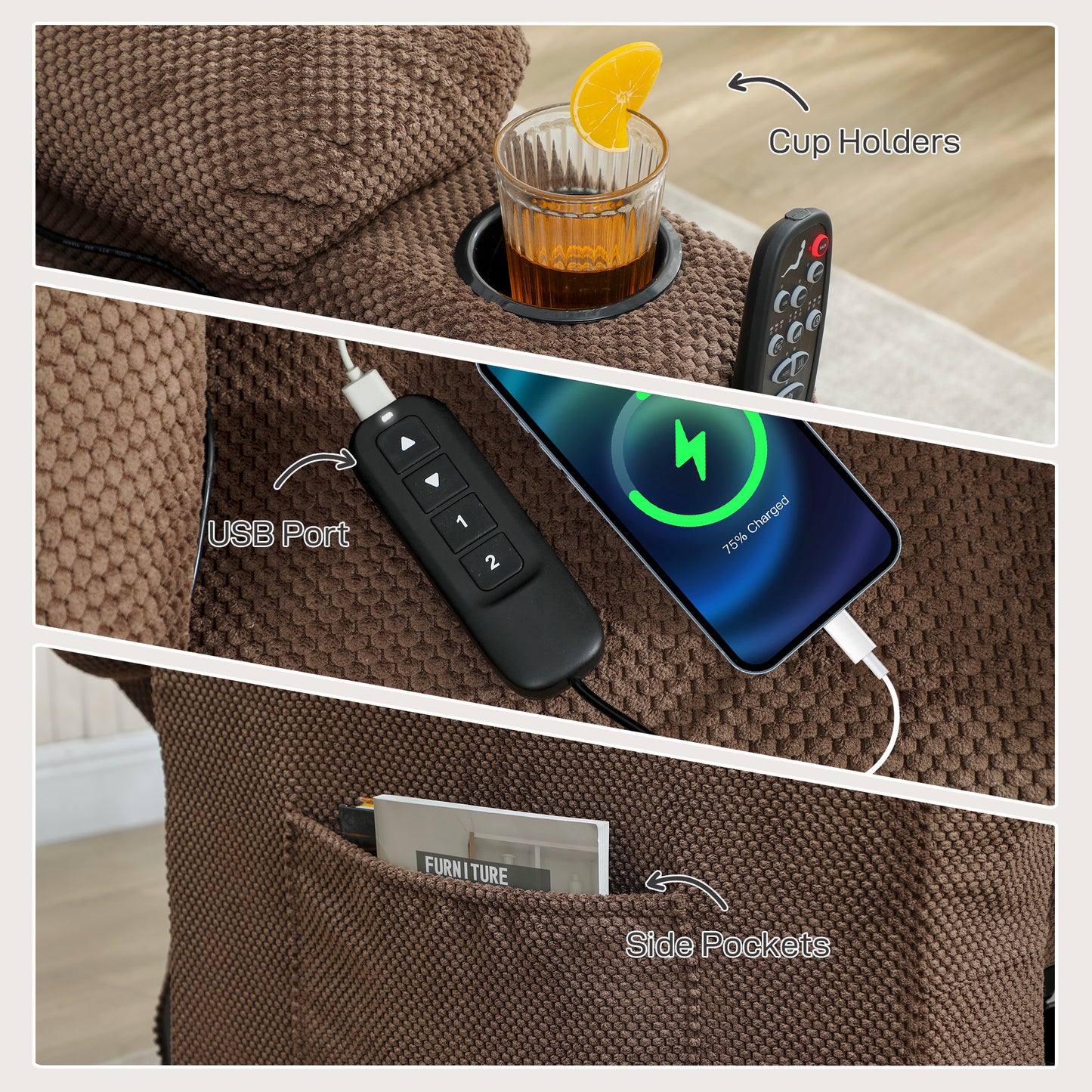HOMCOM Electric Massage Recliner With Vibration And Heat Memory Function USB Port Footrest Side Pocket Brown