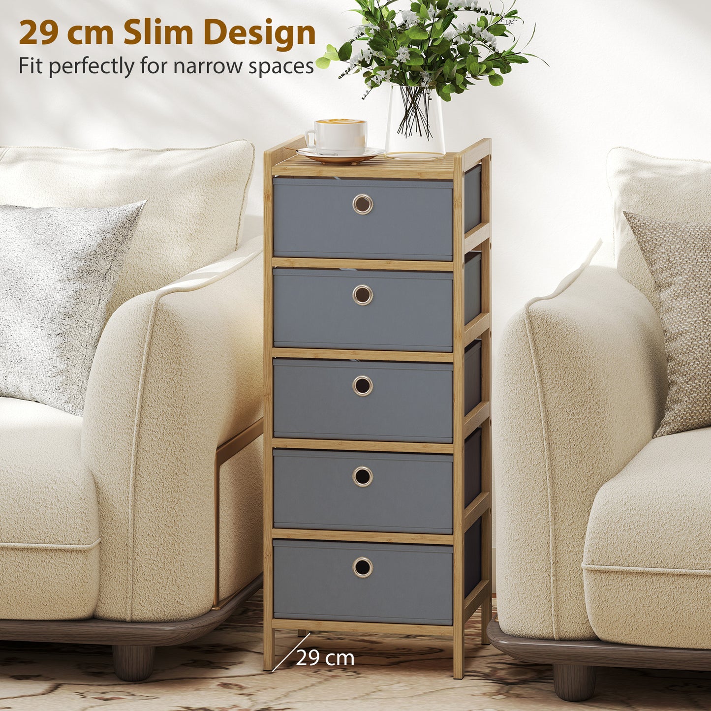 HOMCOM Narrow Chest Of Drawers Dresser With Five Fabric Drawers And Bamboo Frame In Light Grey