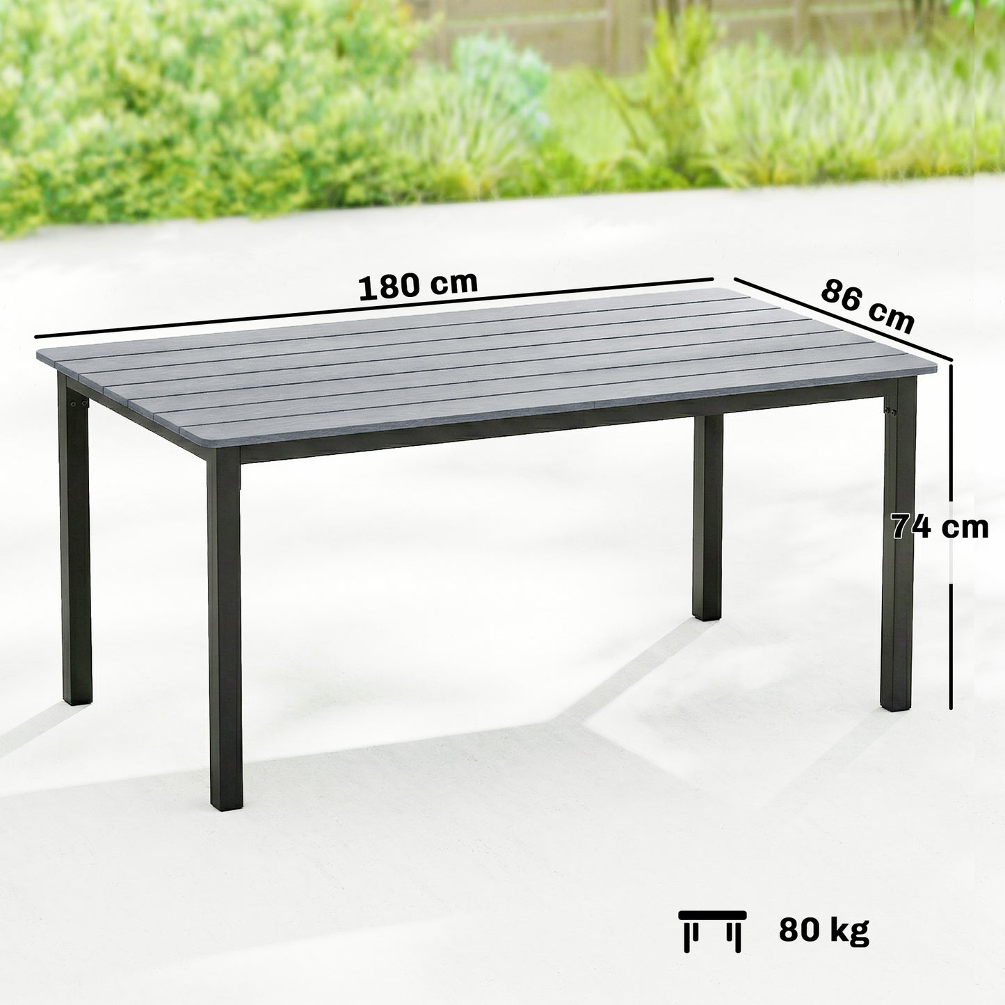 Outsunny 180 cm Rectangular Outdoor Garden Dining Table For 6 To 8 People With Wood Slatted Top Grey