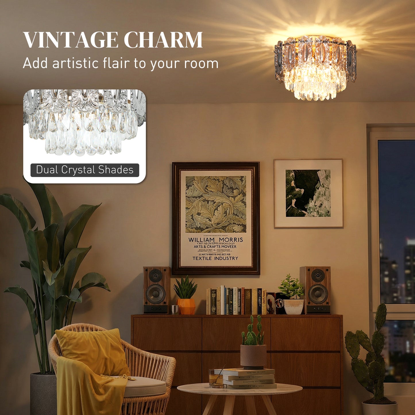 HOMCOM Chandelier Ceiling Light 3 Light Flush Mount LED Fixture With Dual Crystal And Smoke Glass Shade Gold Tone