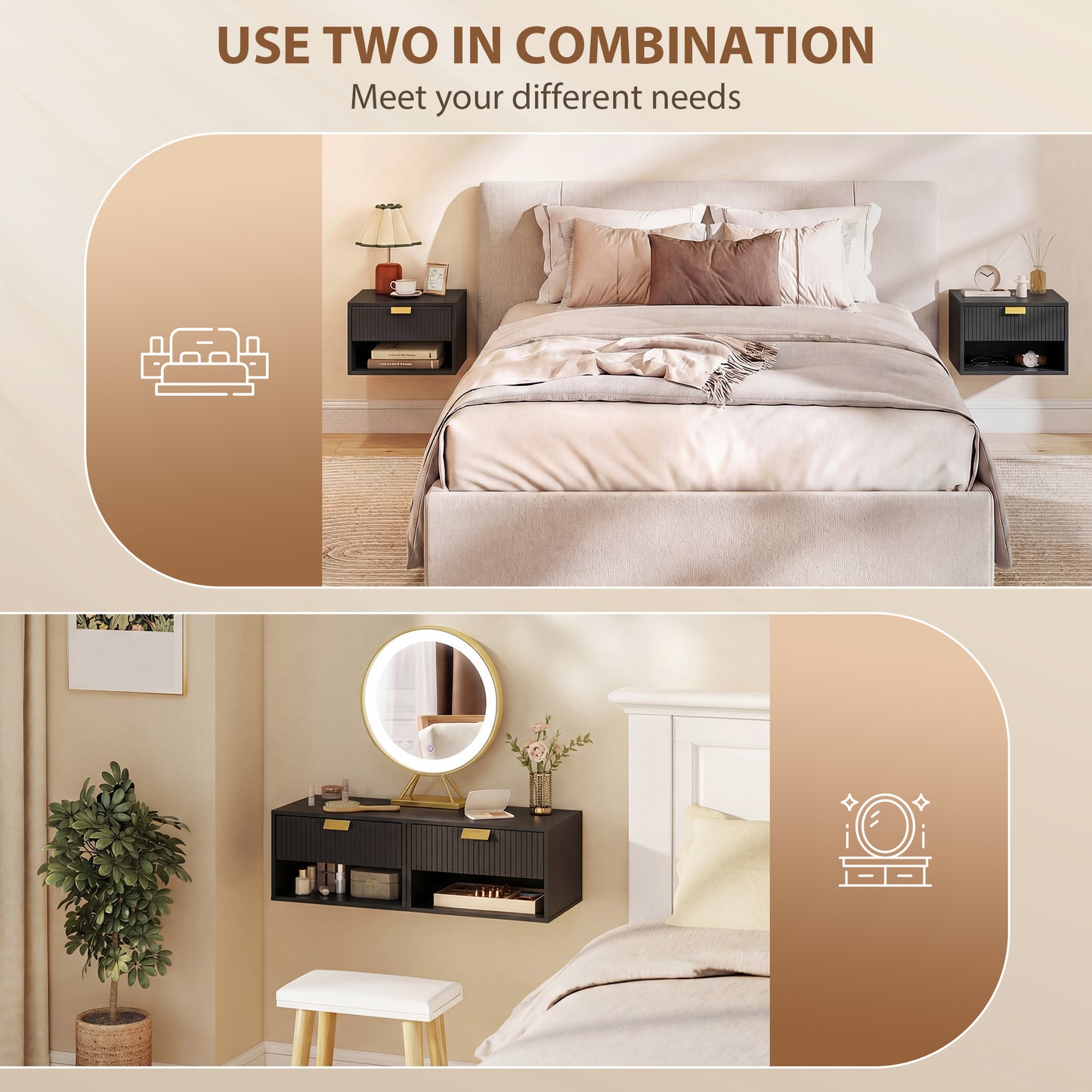 HOMCOM Set Of 2 Wall Mounted Nightstands Floating Bedside Tables With Fluted Drawers Open Shelf For Small Bedroom Black