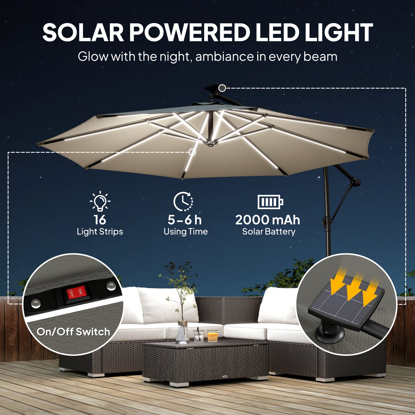 Outsunny 3 Meter Garden Cantilever Parasol With LED Solar Light Round Overhanging Umbrella 360 Degree Rotation Grey
