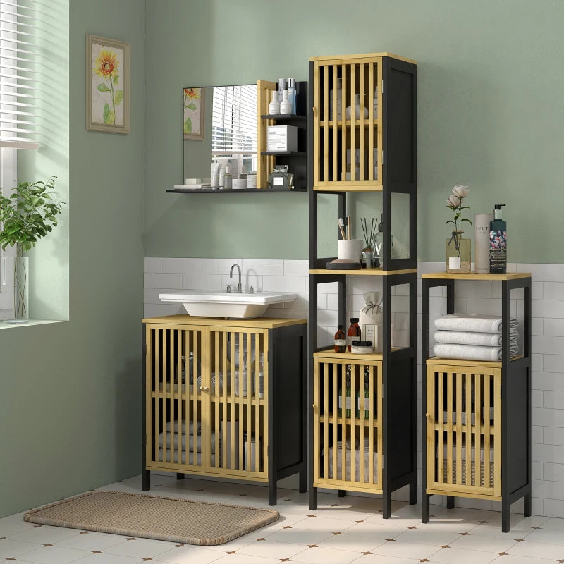 HOMCOM Bamboo-Blend Retro Cut-Out Tall Bathroom Storage Cabinet - ALL4U RETAILER LTD