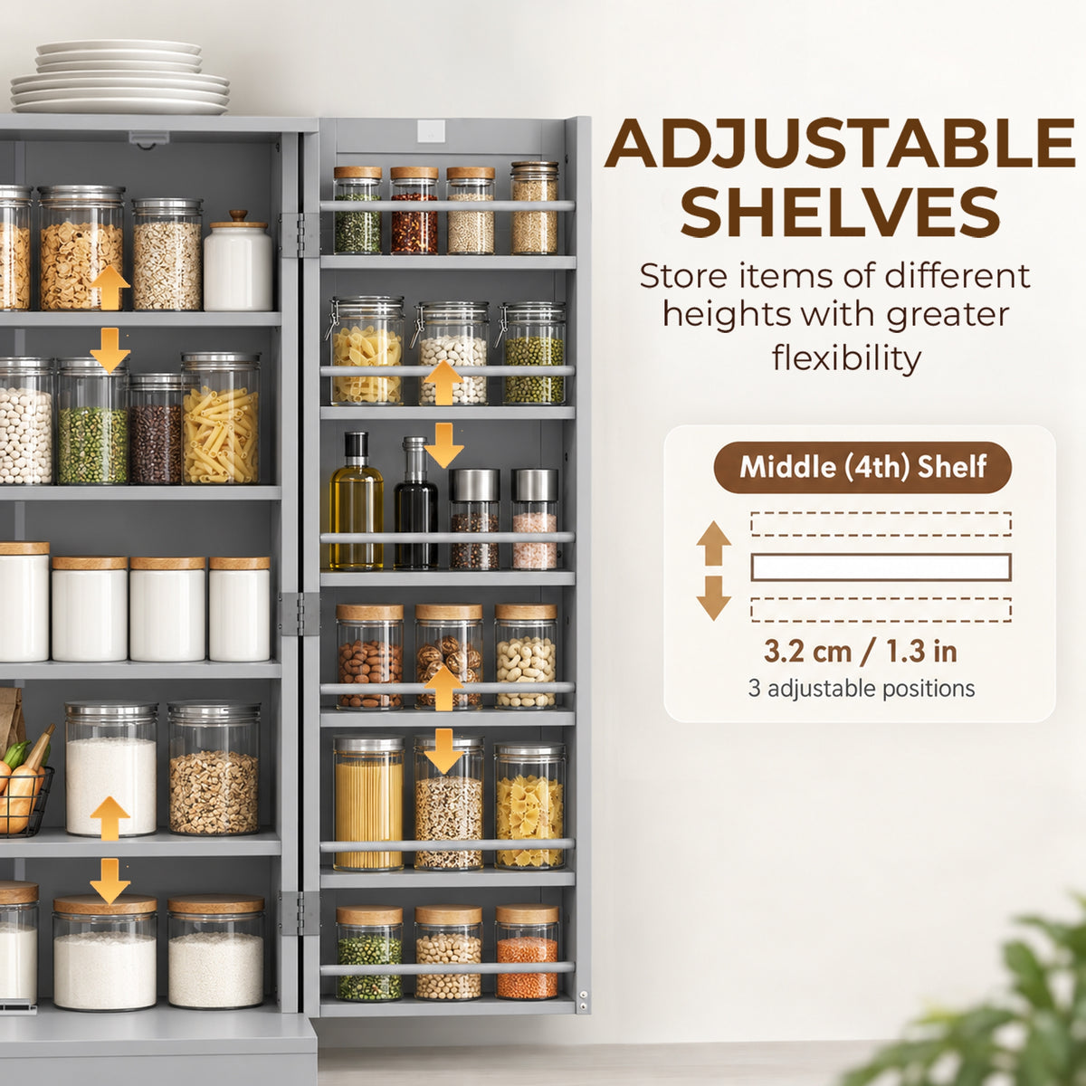 Grey pantry cabinet interior with adjustable shelves and jars