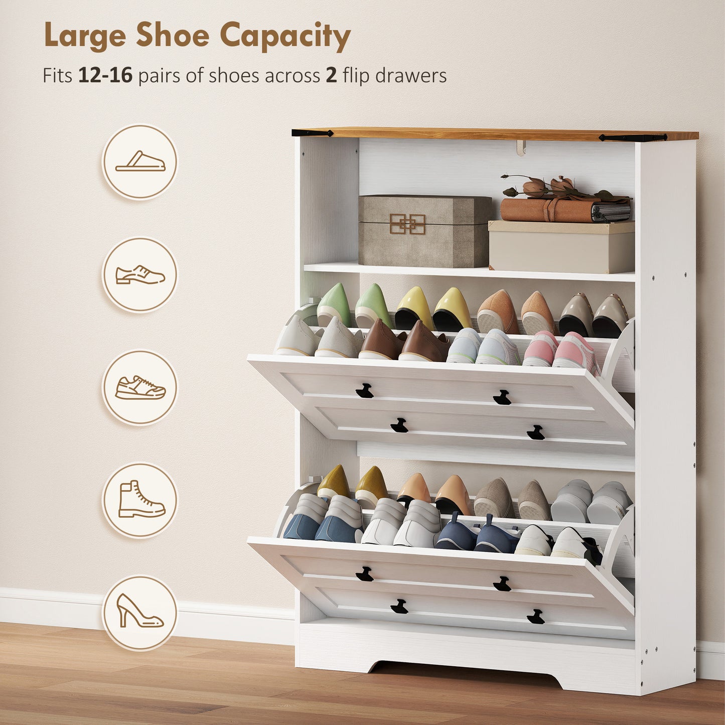 HOMCOM Narrow White Hallway Shoe Cabinet With Two Flip Drawers Holds 12 To 16 Pairs Adjustable Shelves