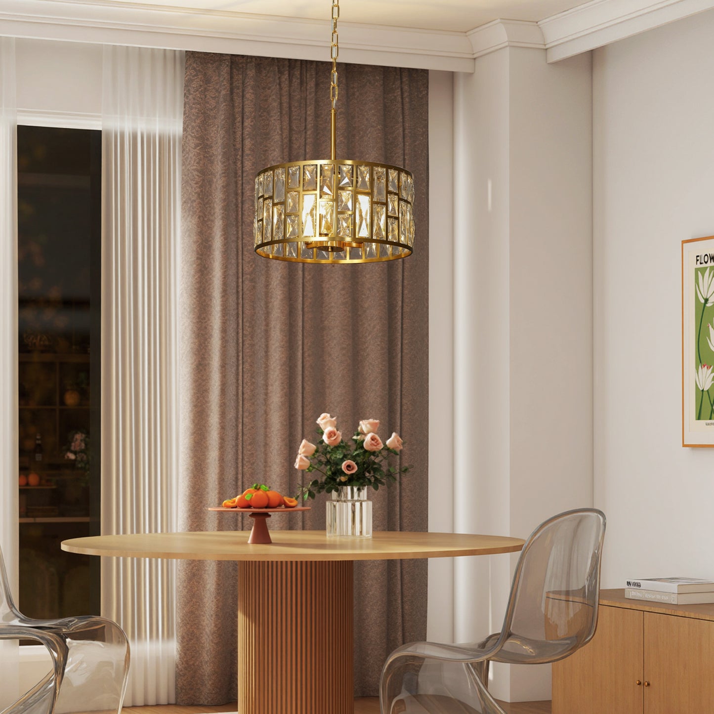 HOMCOM 72 Glass Crystallite Chandelier Gold Tone Ceiling Light With Flush Mount Or Hanging Installation Three Bulbs
