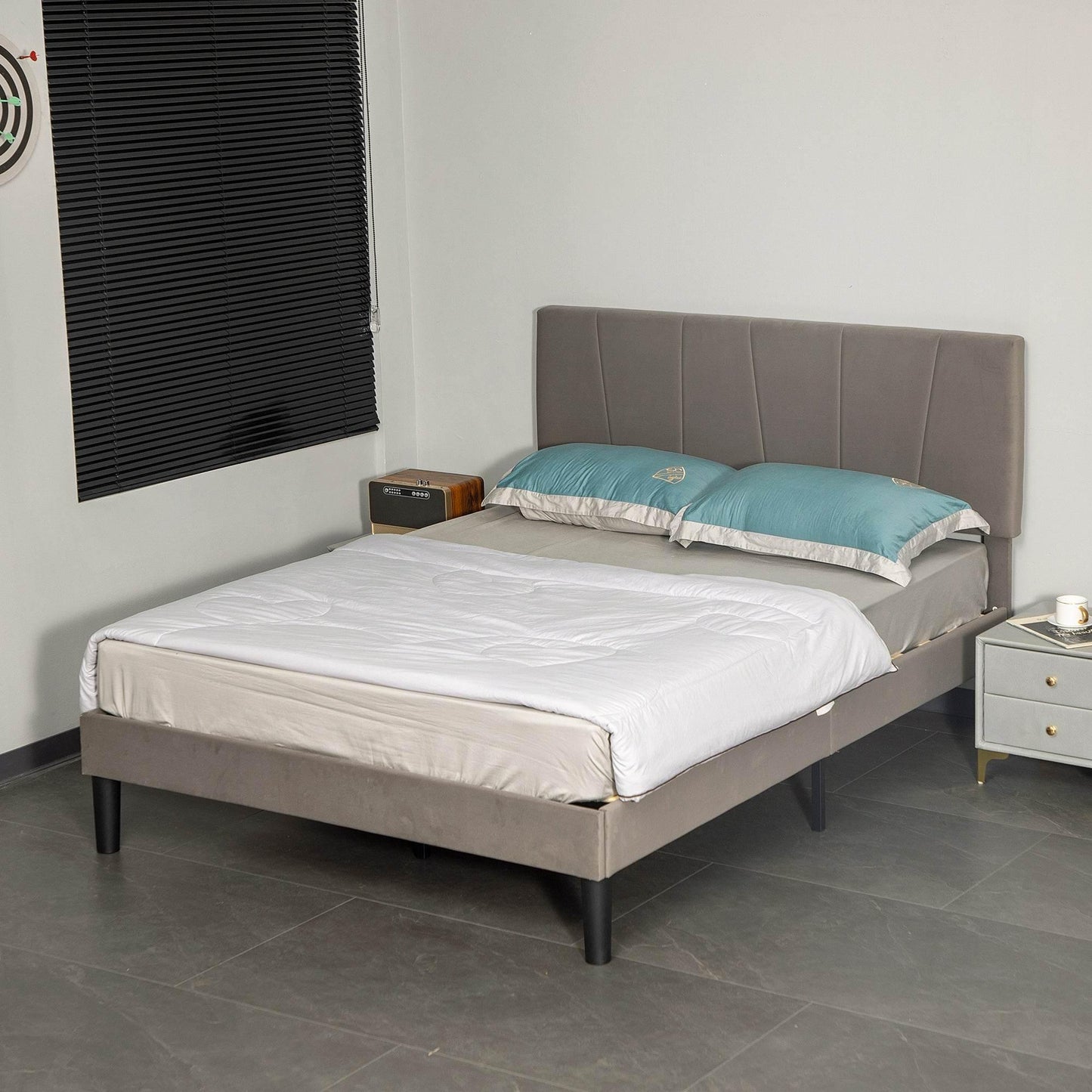HOMCOM Adjustable Grey Velvet Double Bed Frame with Headboard - ALL4U RETAILER LTD