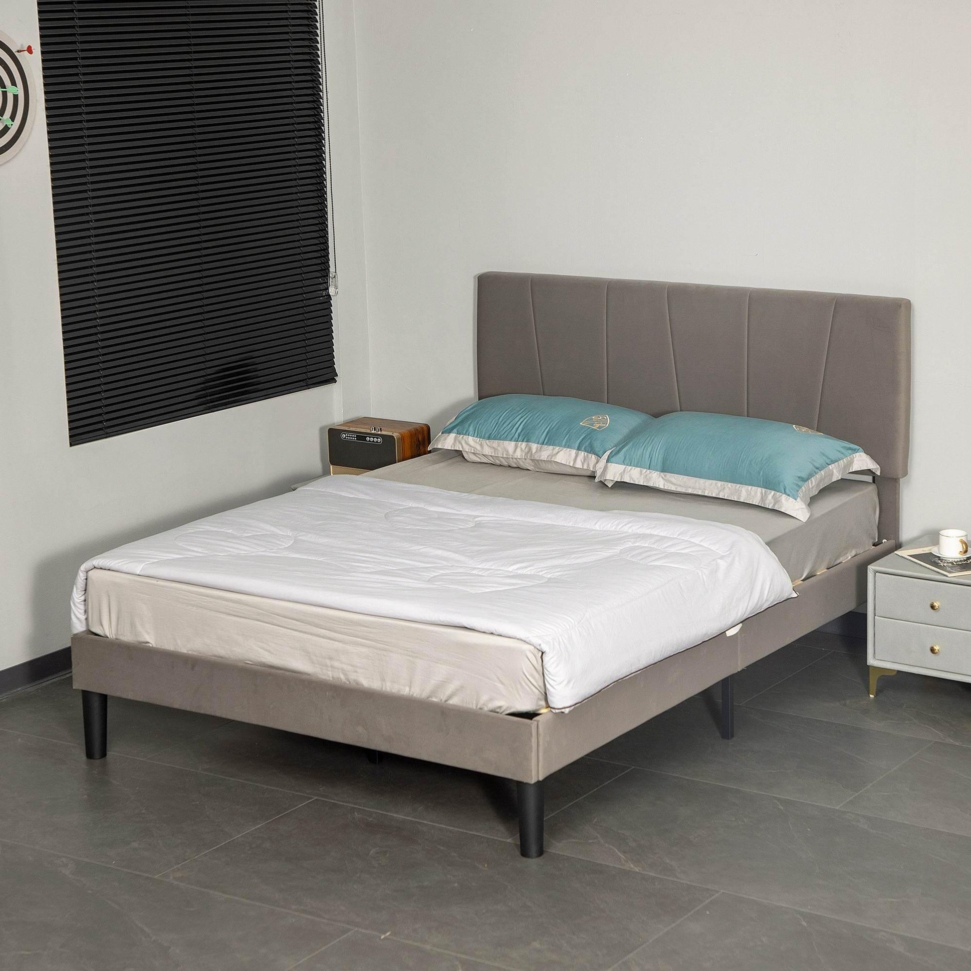 HOMCOM Adjustable Grey Velvet Double Bed Frame with Headboard - ALL4U RETAILER LTD
