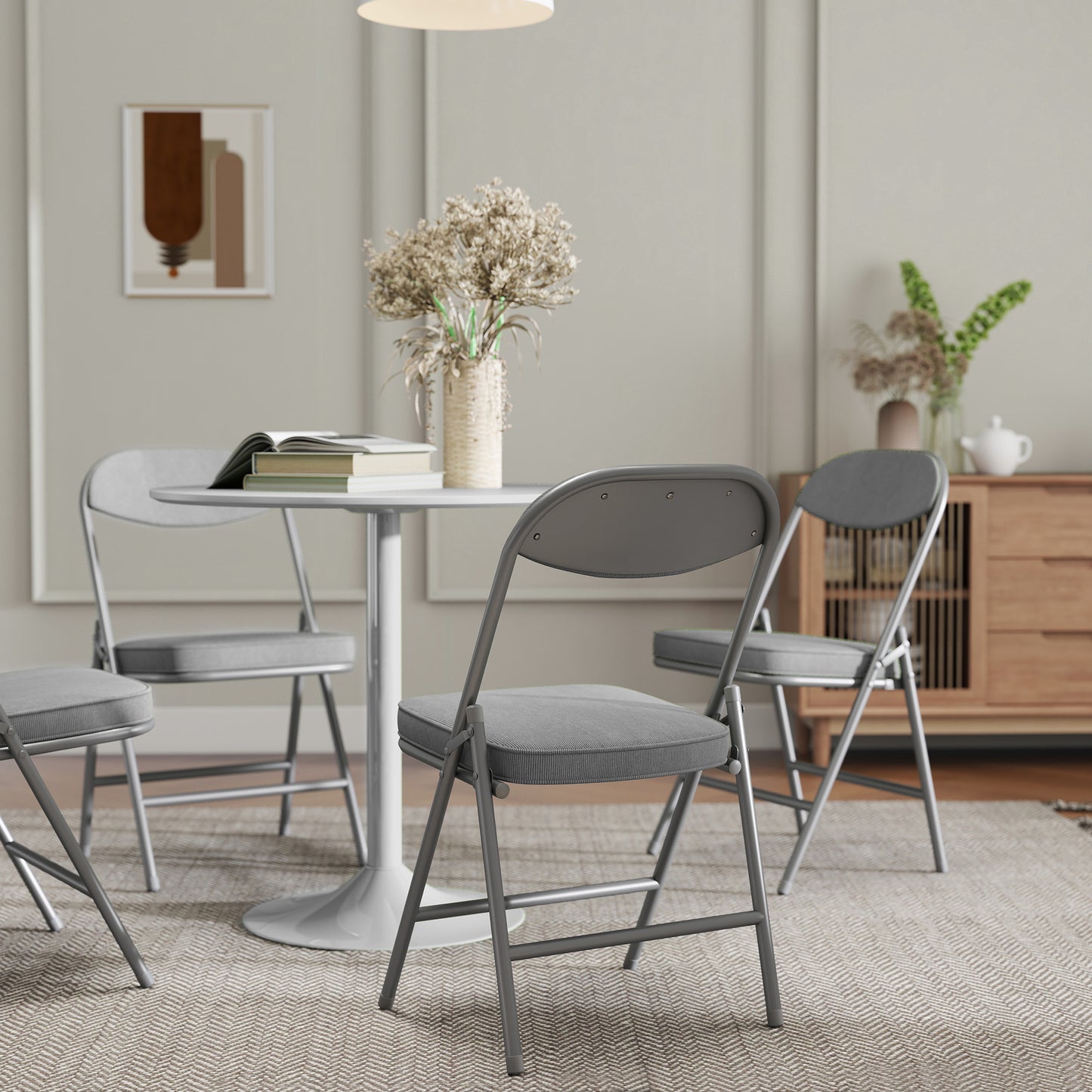 HOMCOM Set Of Four Folding Corduroy Seat Chairs Grey With Padded Seats And Back For Home Use And Events