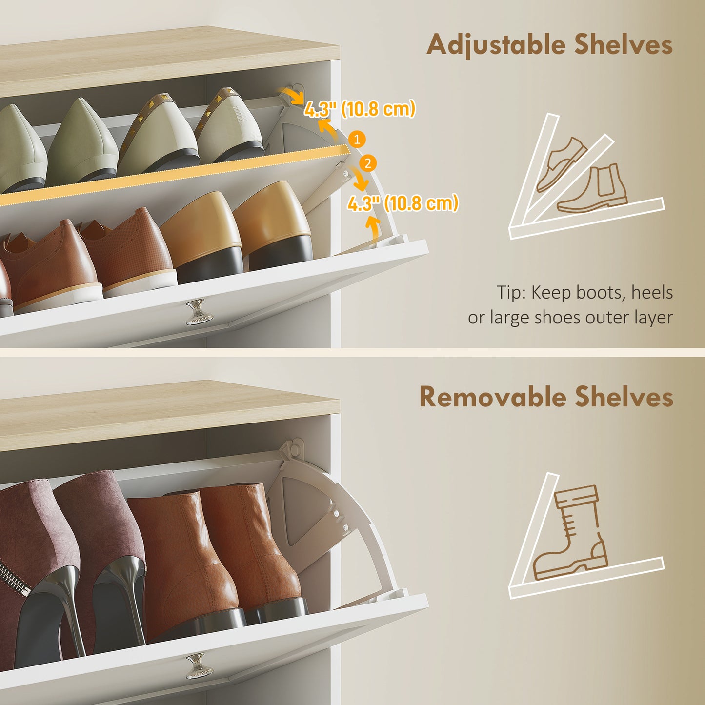 HOMCOM Modern Four Drawer Shoe Storage Cabinet White With Adjustable Shelves Holds 24 Pairs