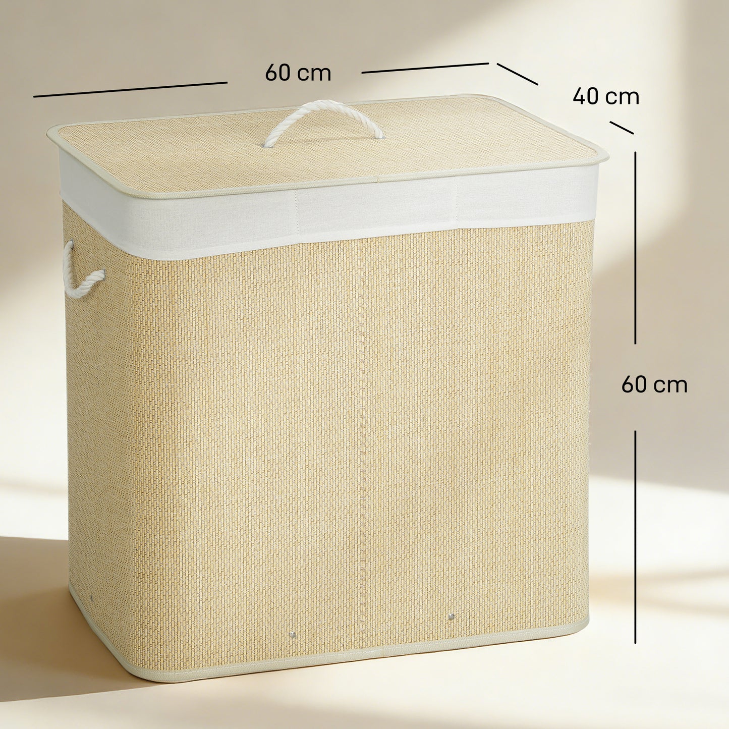 HOMCOM 3 Section Laundry Hamper With Lid 144L Bamboo Laundry Basket With Handles Removable Washable Liner Cream White