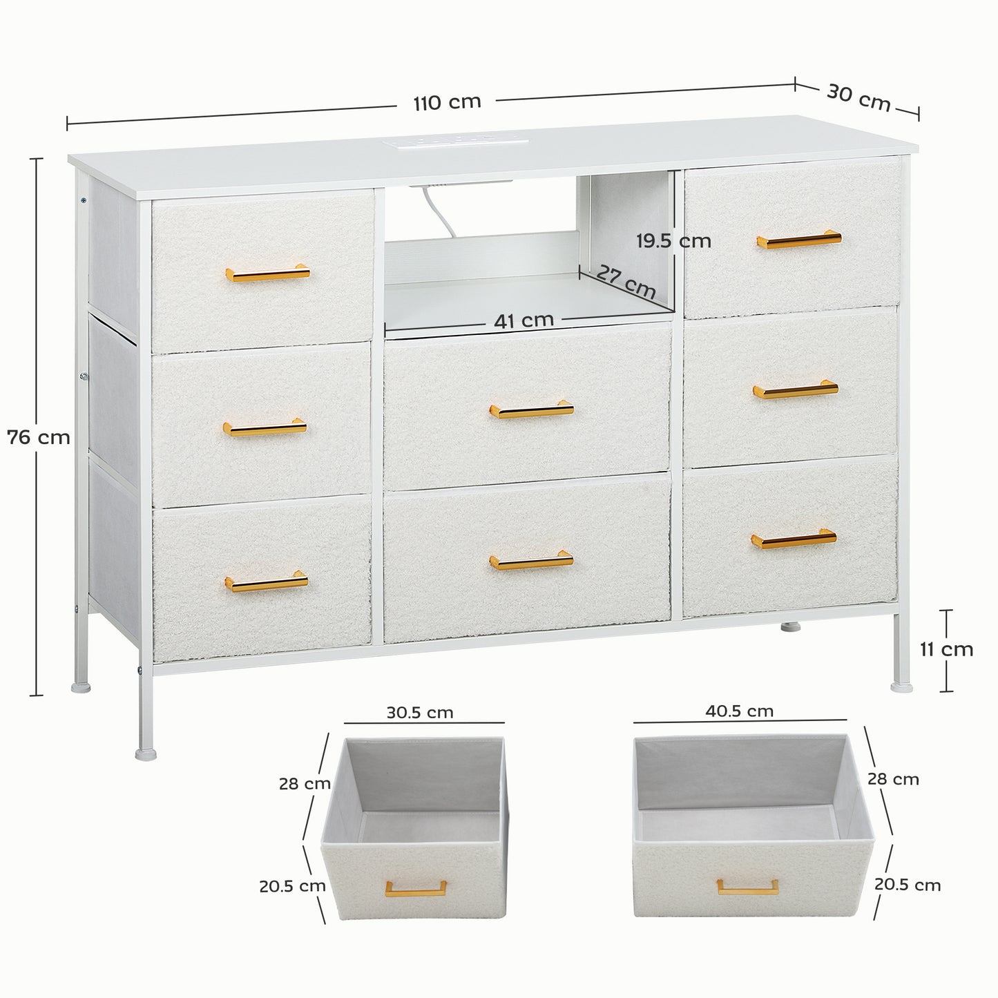 HOMCOM Boucle Chest Of Drawers With 8 Fabric Drawers And Charging Station 2 USB 2 AC Ports Steel Frame Cream White