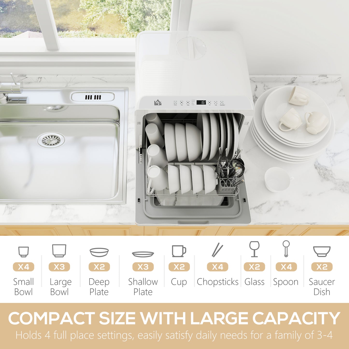 HOMCOM Tabletop Dishwasher Built In 6L Water Tank 6 Programs 4 Place Settings White