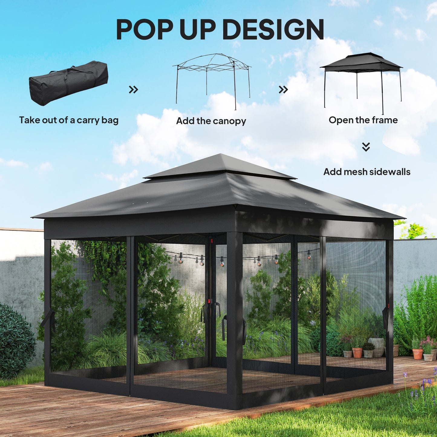 Outsunny 3m by 3m Pop Up Gazebo with Netting and Carry Bag Black Double Roof Garden Shelter for Parties