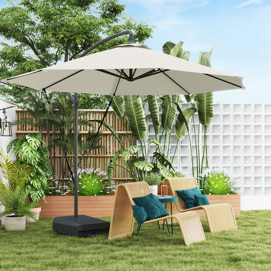 Outsunny 3m Garden Cantilever Parasol With Fillable Base Up To 90kg, Crank Tilt, Wind Straps, UPF50+ Cream, Cover