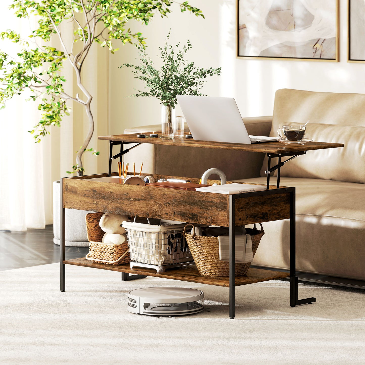 HOMCOM Lift Top Coffee Table With Storage Rustic Brown Modern Centerpiece For Living Room