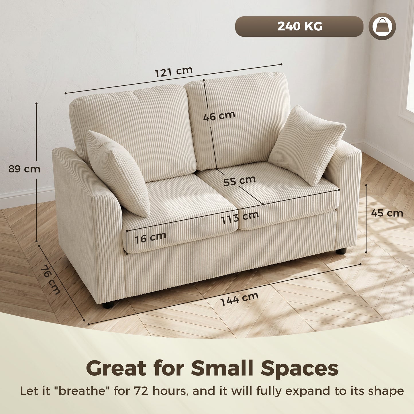 HOMCOM 2 Seater Sofa Corduroy Small Couch With Pocket Springs And Spring Cushion Wide Deep Seat Beige