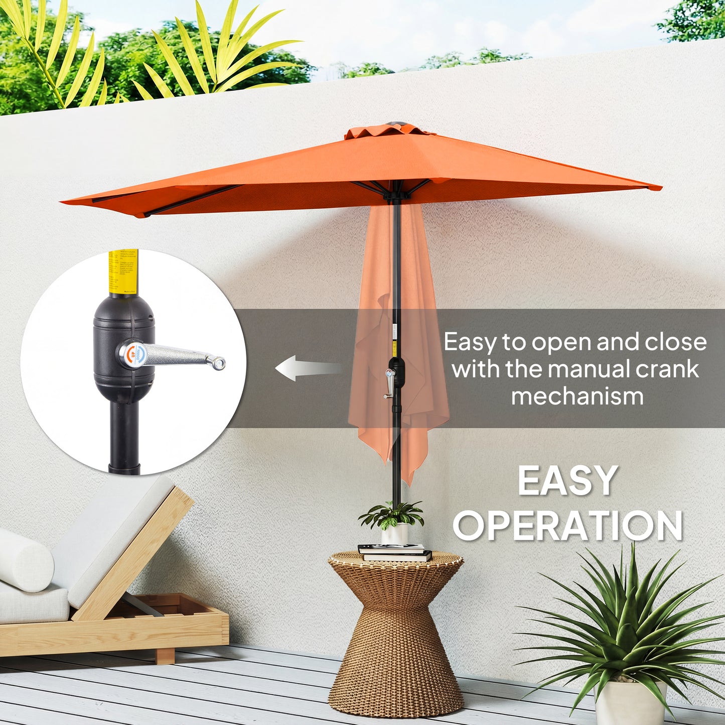 Outsunny Orange Half Round Parasol Umbrella for Balconies and Small Gardens Outdoor Patio