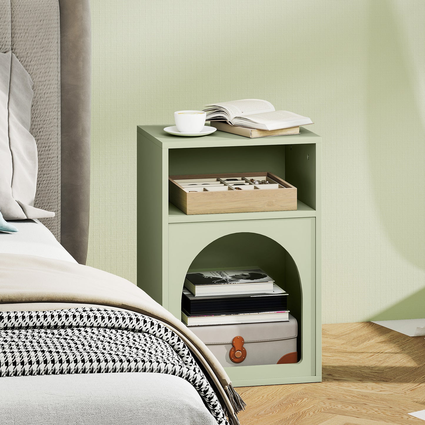 HOMCOM Bedside Table With Two Open Compartments Arch Design Light Green End Table For Small Spaces