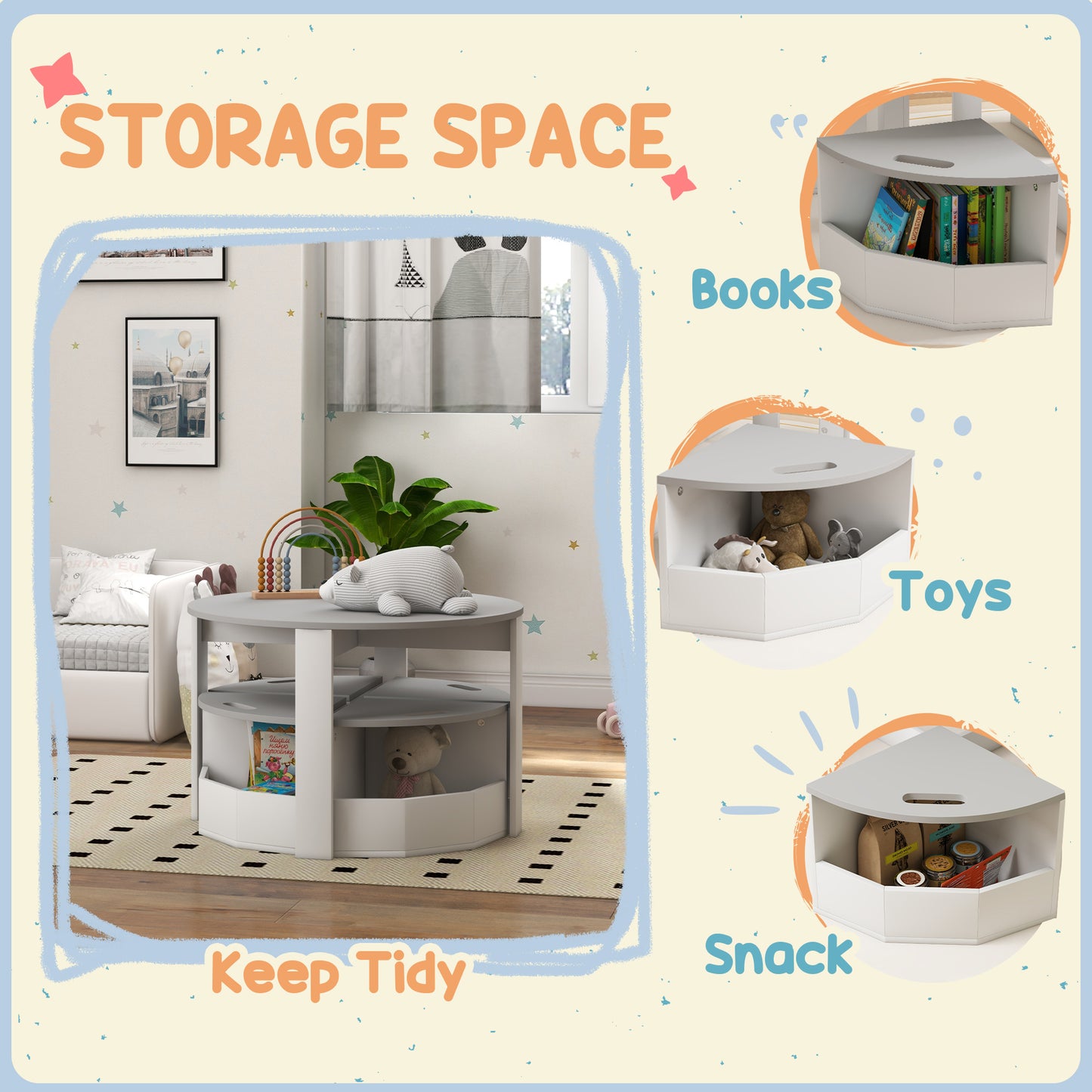 AIYAPLAY Five Piece Kids Table And Chairs Set With Storage For Ages 3 To 8 In Grey Space Saving Design