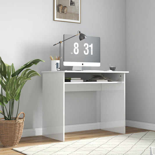 HOMCOM 90 x 50cm Computer Table, Modern Home Office Desk, Small Writing Desk with Storage Shelf, High Gloss White - ALL4U RETAILER LTD