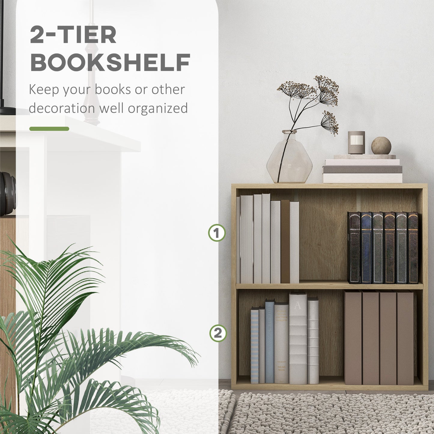 HOMCOM 2 Tier Bookshelf with Adjustable Shelf 2 Compartments for Home Office Living Room Study Natural Finish