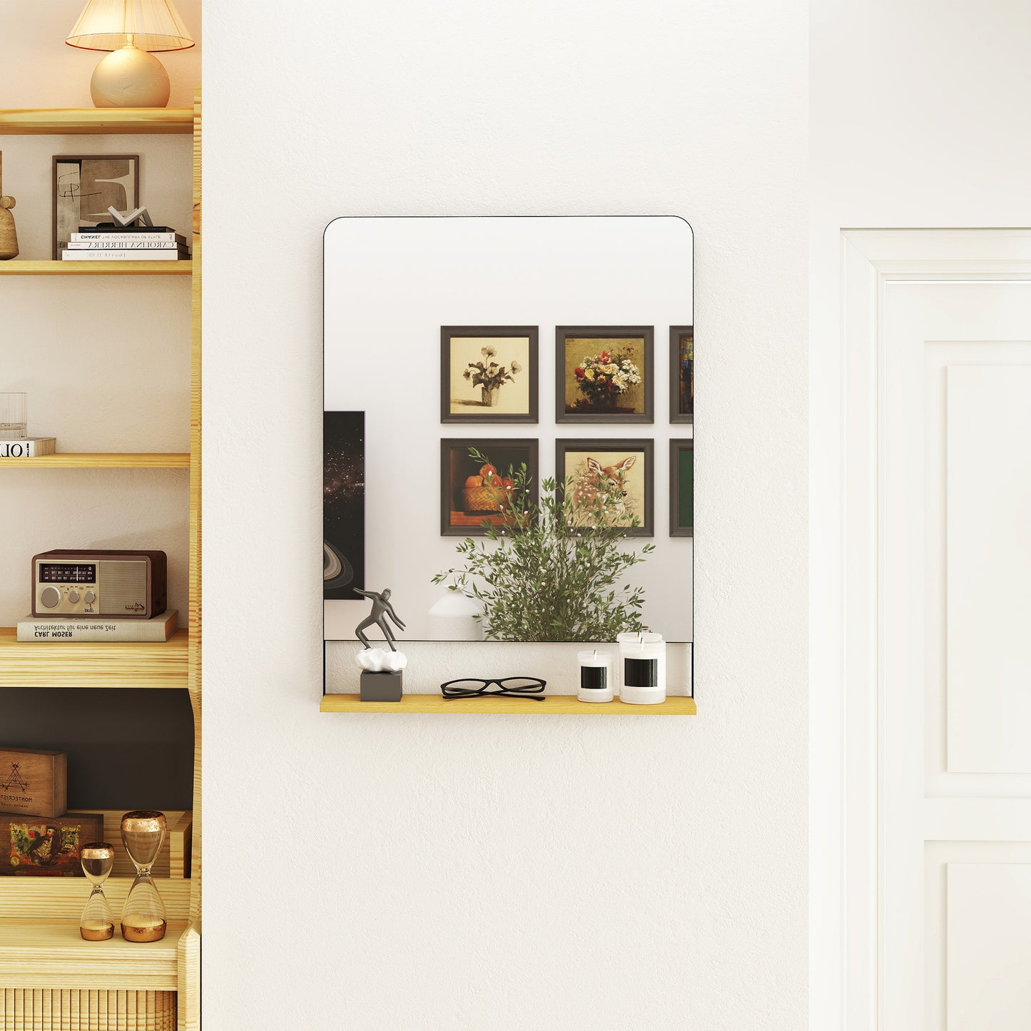 Homcom Wall Mirror With Wood Shelf Black Metal Frame Industrial Entryway Decor Solution