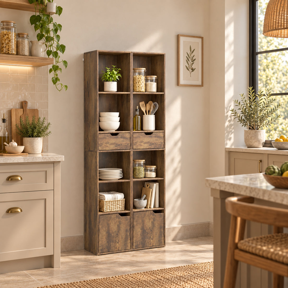 Rustic brown tall bookshelf with open shelves and bottom cabinet doors, for organized storage