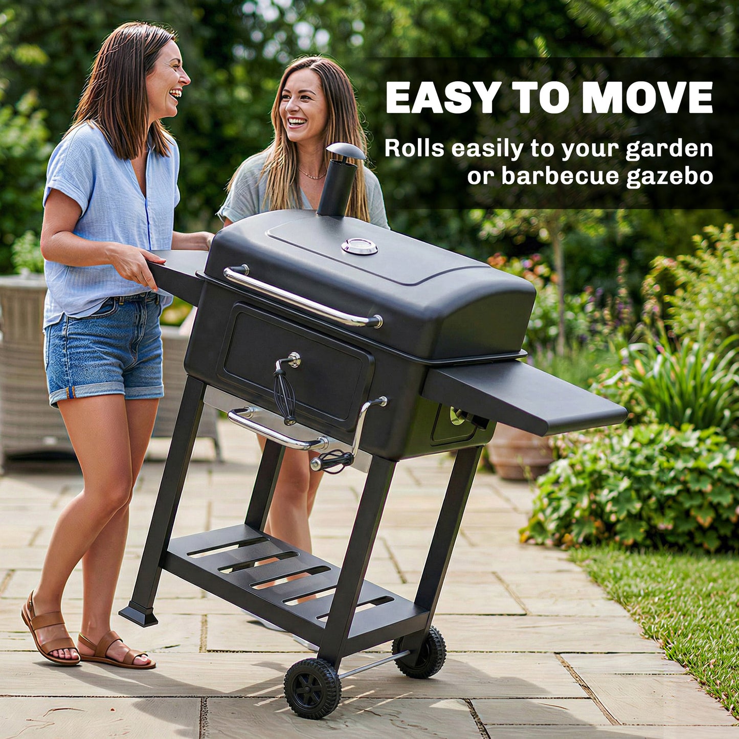 Outsunny Charcoal BBQ Grill With Adjustable Pan Large Outdoor Barbecue Smoker With Side Tables Temperature Control
