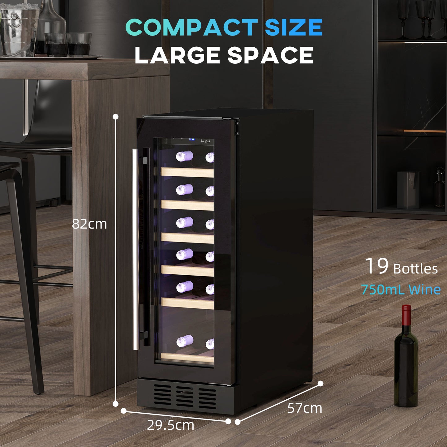 HOMCOM 19 Bottle Wine Fridge with Wooden Racks, Adjustable Space for Larger Bottles, Glass Door 5-18 Celsius Black