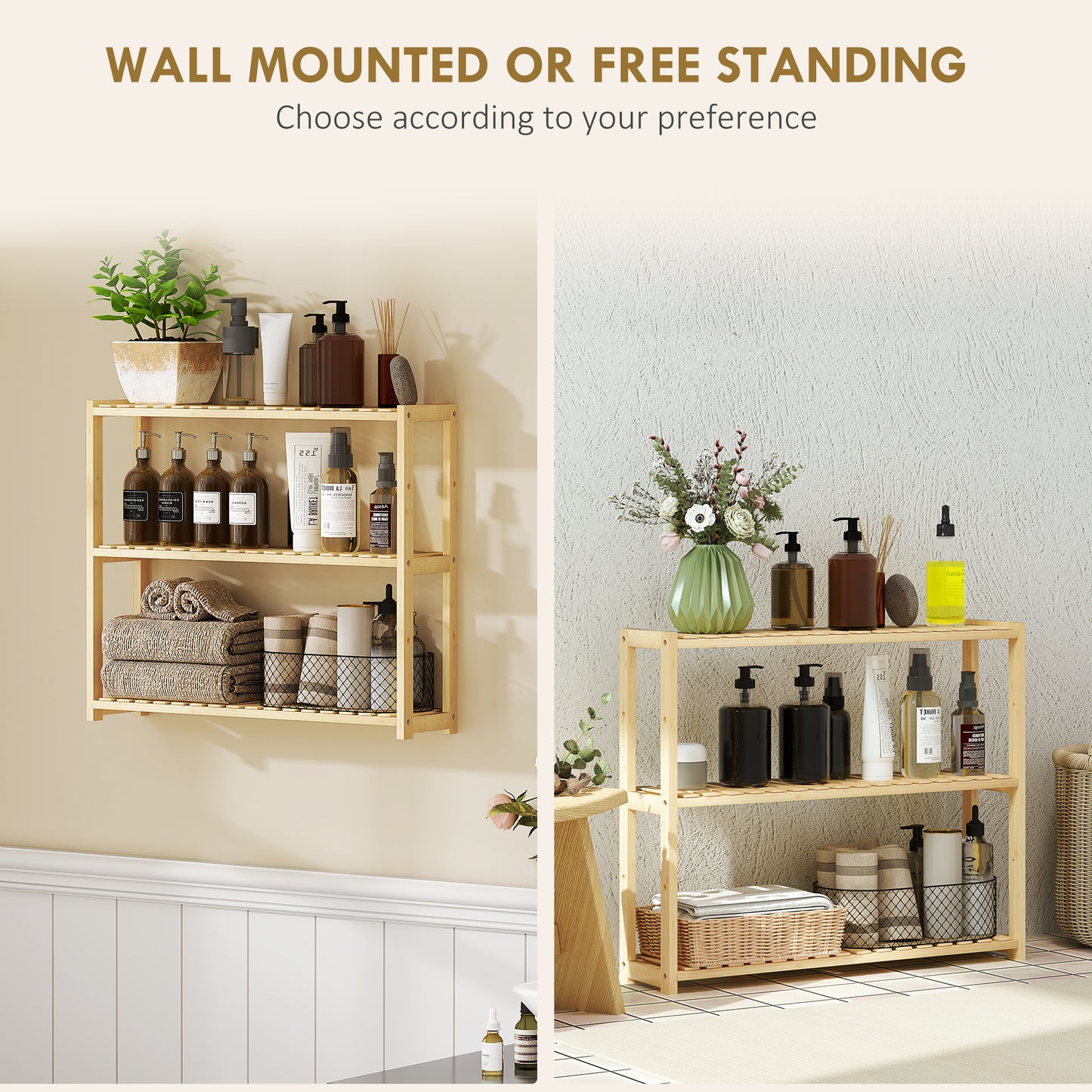 HOMCOM Three Tier Bamboo Bathroom Rack Natural Finish With Moisture Resistant Build And Five Position Shelves