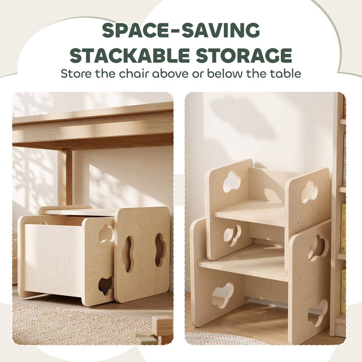 Stackable toddler chair storage shelves, light wood with bear and cloud cutouts