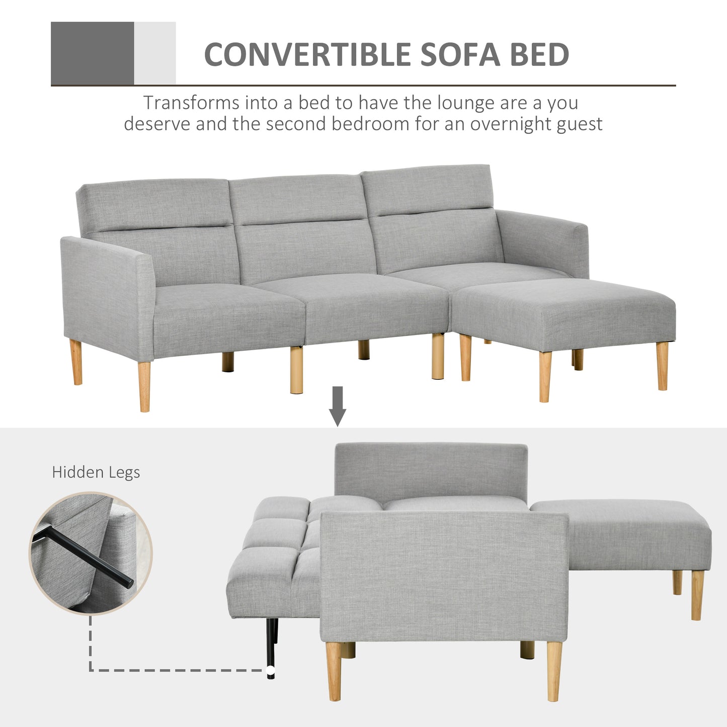 HOMCOM L Shape Sofa Bed Set Linen Fabric Corner with Rubber Wood Legs Footstool Light Grey - ALL4U RETAILER LTD