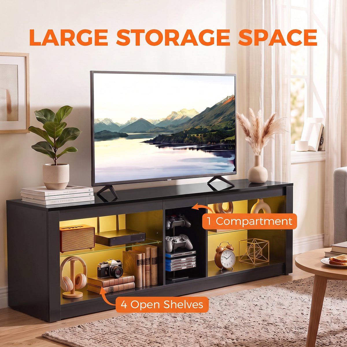 Dark gray media console with open shelves and one enclosed cabinet compartment