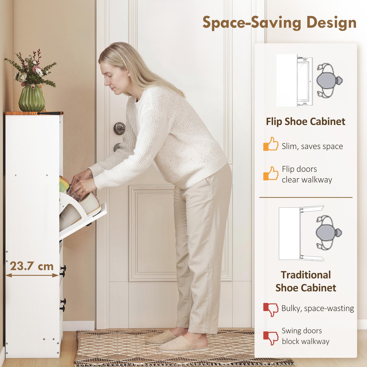 HOMCOM Narrow White Hallway Shoe Cabinet With Two Flip Drawers Holds 12 To 16 Pairs Adjustable Shelves