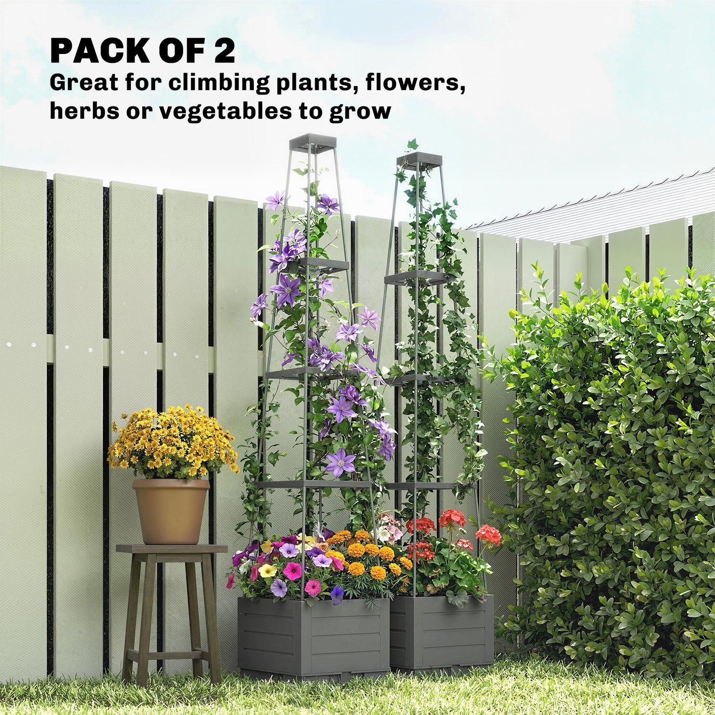 Outsunny Two Pack Raised Garden Bed With Trellis Plastic Outdoor Planter Box Removable Drainage Tray