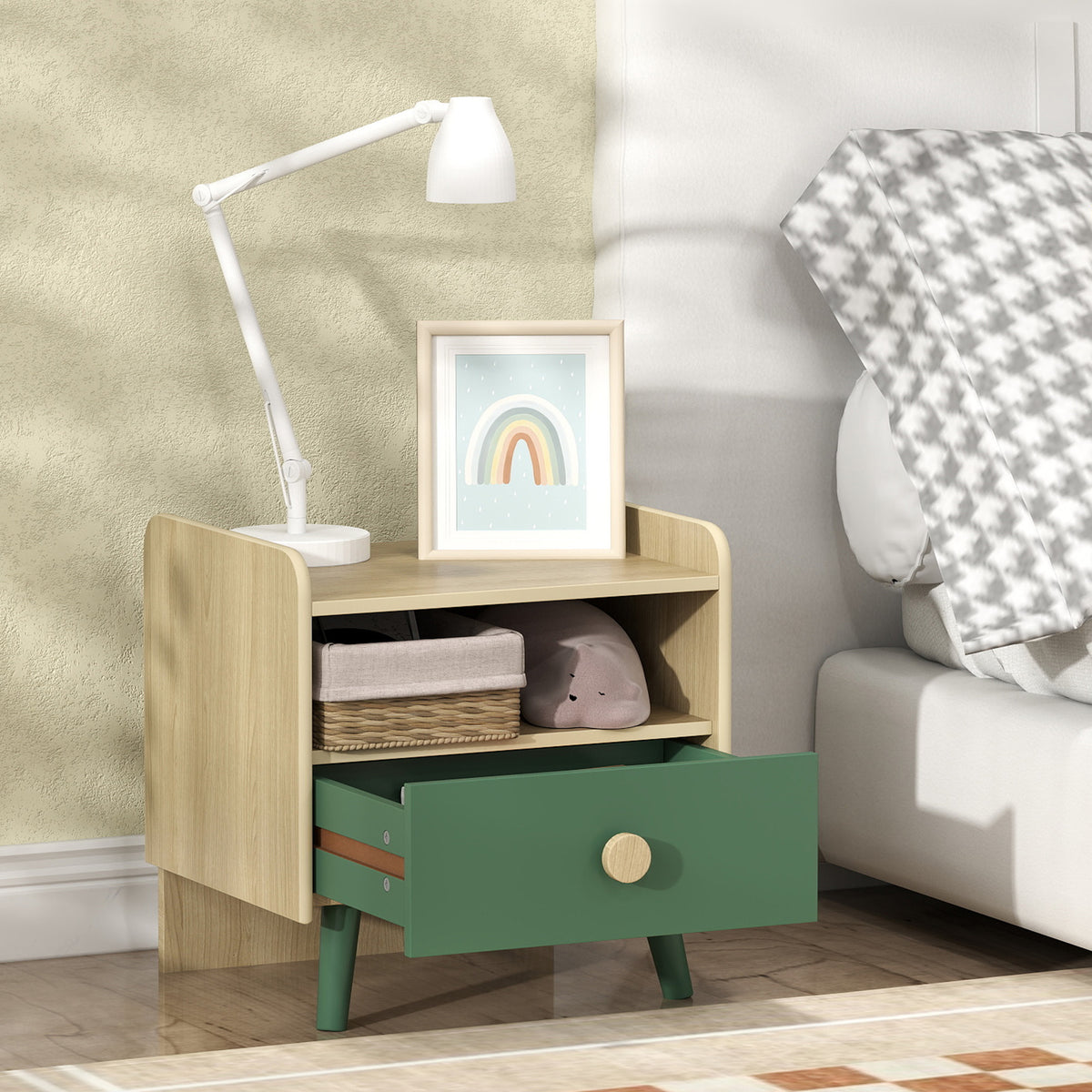 AIYAPLAY Kids Wooden Bedside Table With Drawer And Open Storage Shelf Green