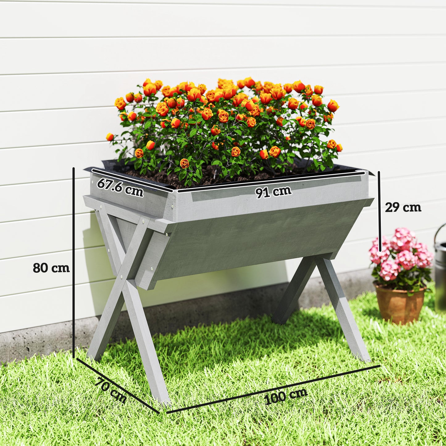 Outsunny Wooden Raised Garden Bed With Liner Bag And Legs Light Grey 29 X 91 Cm
